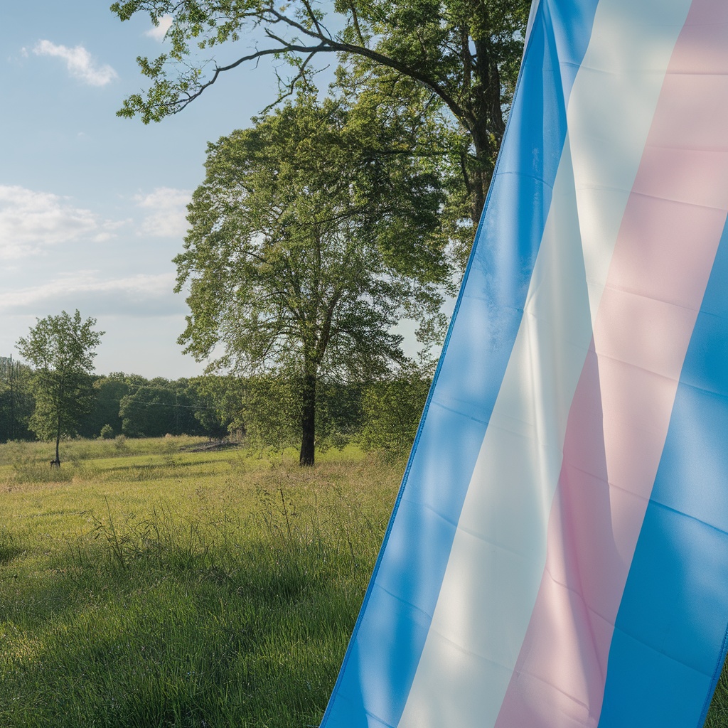 Transgender Pride Flag waving in a green field.