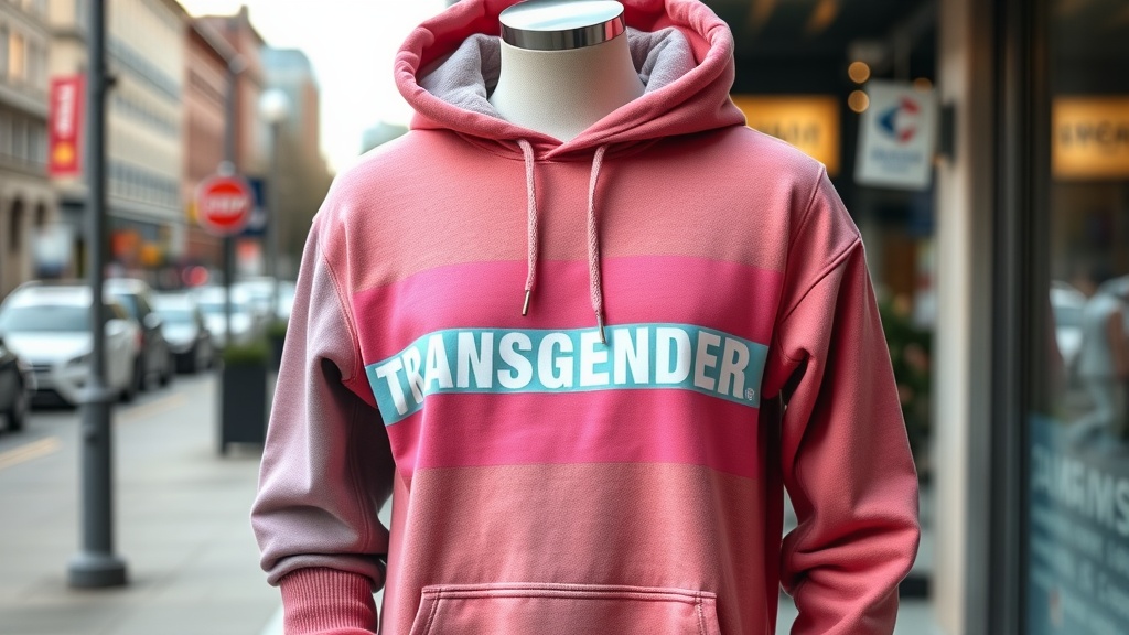 Transgender Pride Flag Hoodie displayed on a mannequin in a street setting.
