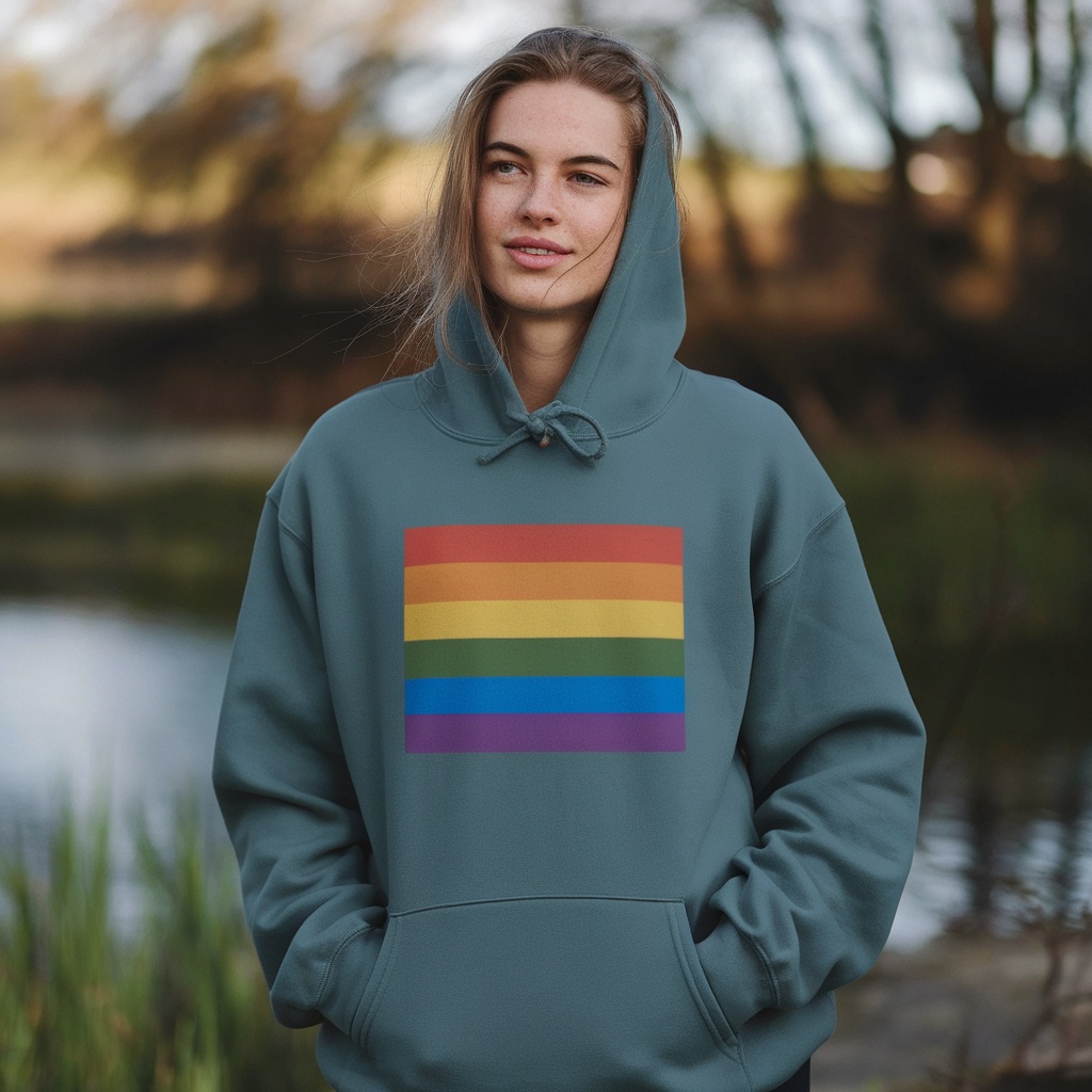 A person wearing a Transgender Pride Flag hoodie outdoors
