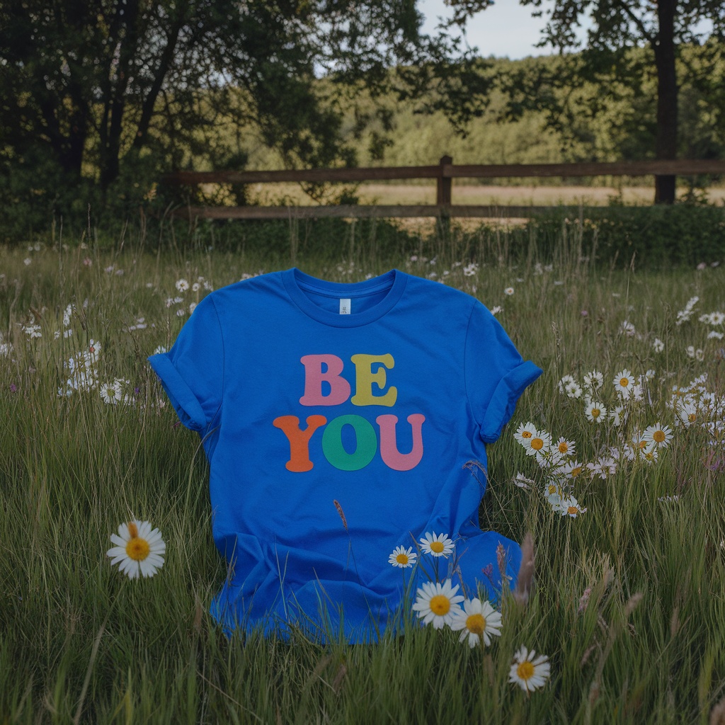 A blue t-shirt with the text 'BE YOU' in colorful letters, laid on grass with daisies.