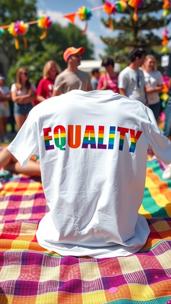 A white t-shirt with the word 'EQUALITY' in rainbow letters, displayed on a colorful picnic blanket with people in the background.