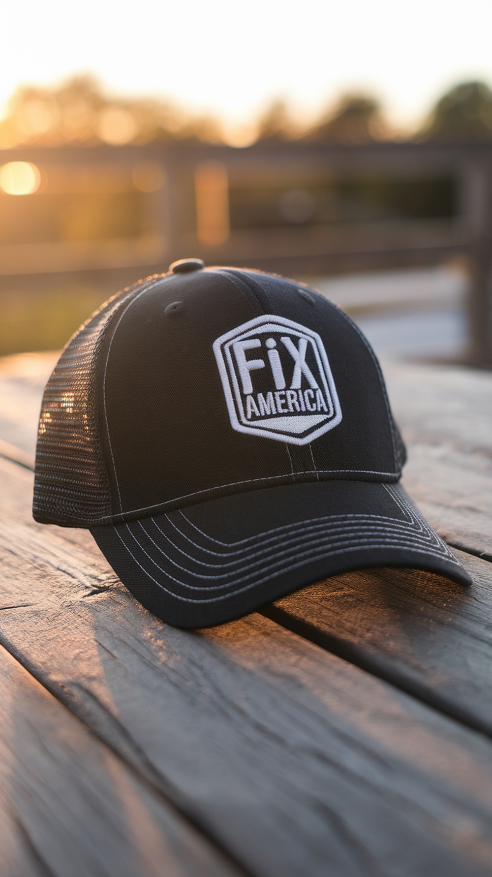 A stylish black cap with 'Fix America' logo on a wooden surface during sunset.