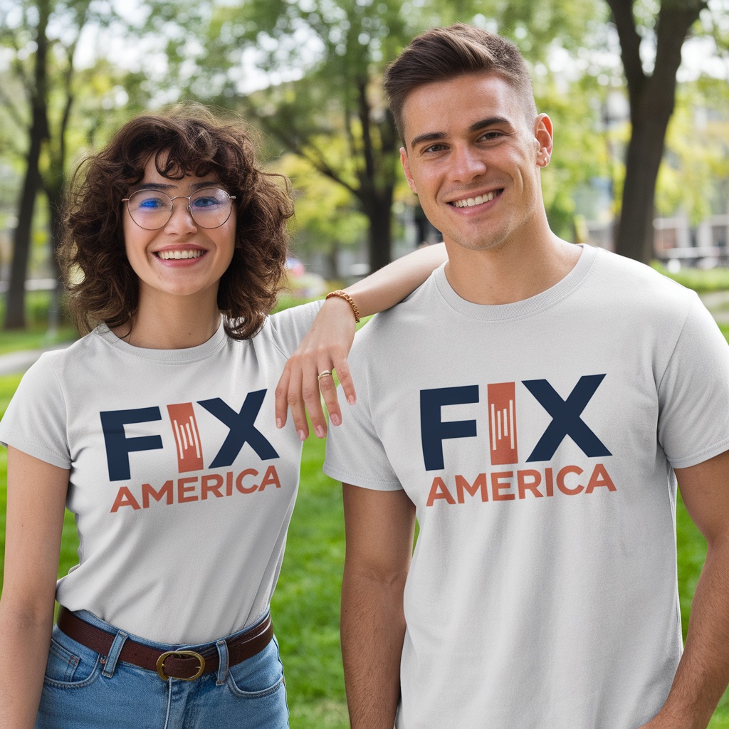 Two people wearing Fix America t-shirts, smiling and showing support outdoors.