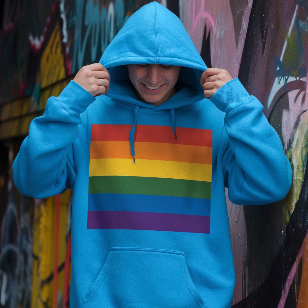 A person wearing a blue hoodie with a rainbow pride flag design