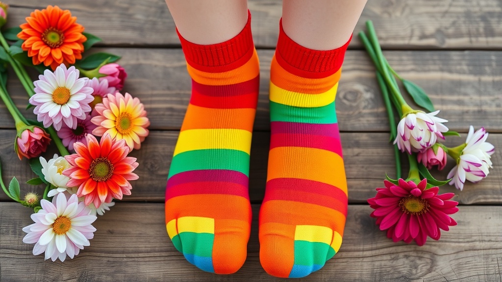 Colorful rainbow socks with flowers on a wooden surface
