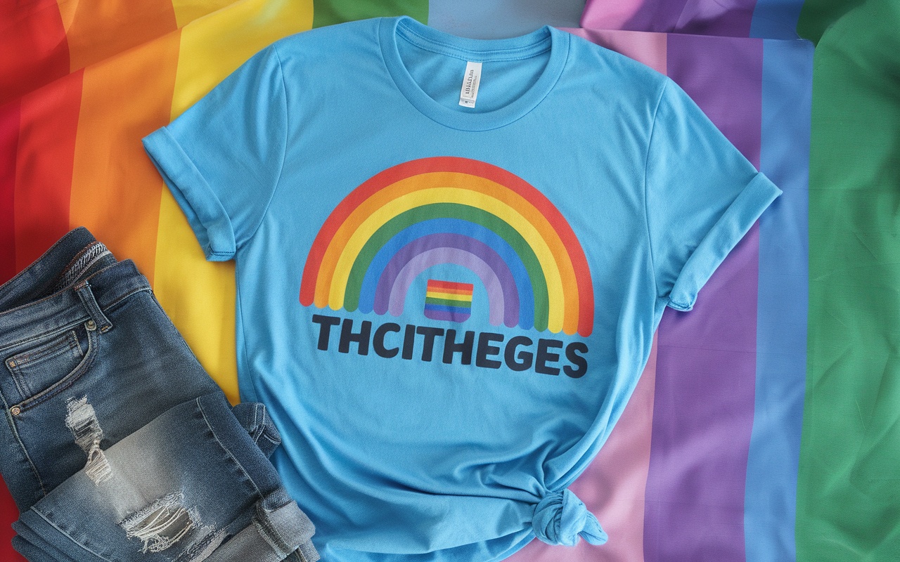 A person wearing a colorful LGBTQ+ t-shirt with a rainbow design.