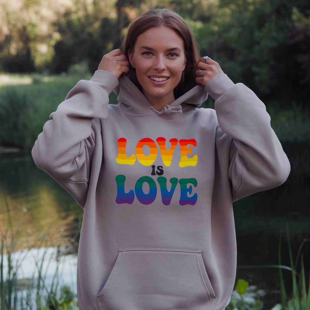 A person wearing a 'Love Is Love' hoodie, smiling and standing outdoors.