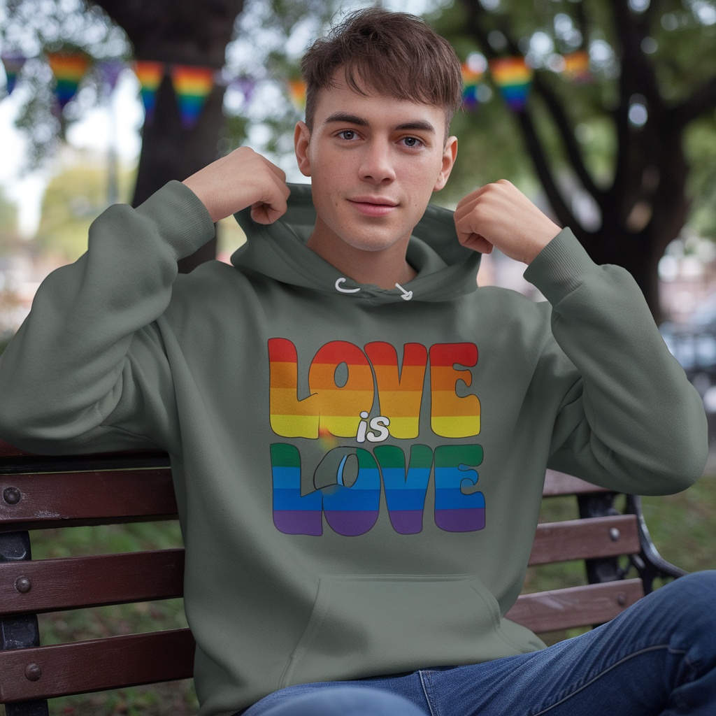 A young man wearing a Love Is Love pride hoodie, sitting on a bench with colorful pride decorations in the background.