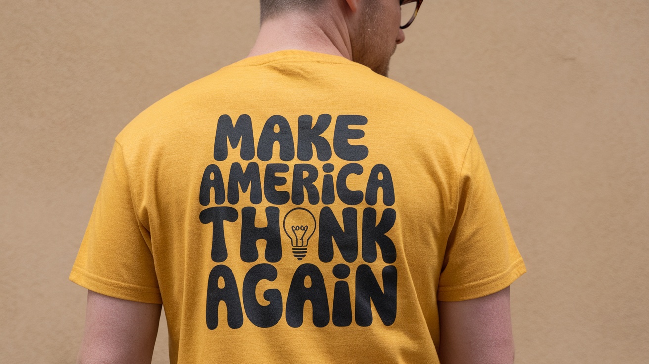 A person wearing a yellow shirt with the words 'Make America Think Again' printed in bold black letters.