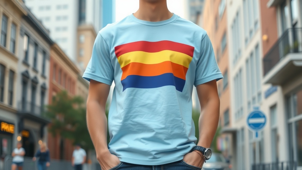 A person wearing a pride flag graphic tee in a city setting.