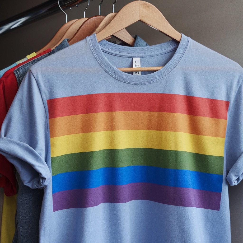 Pride flag graphic t-shirt hanging on a rack