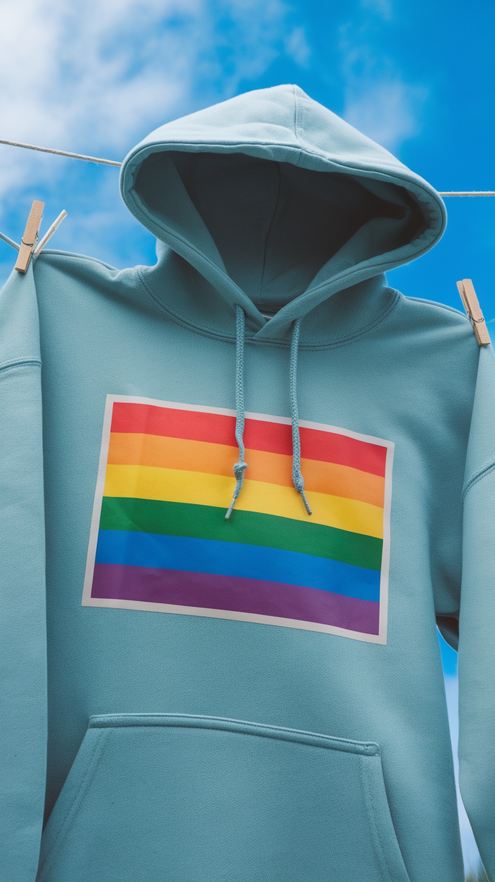 A light blue hoodie featuring the rainbow pride flag design, hanging outdoors against a blue sky.
