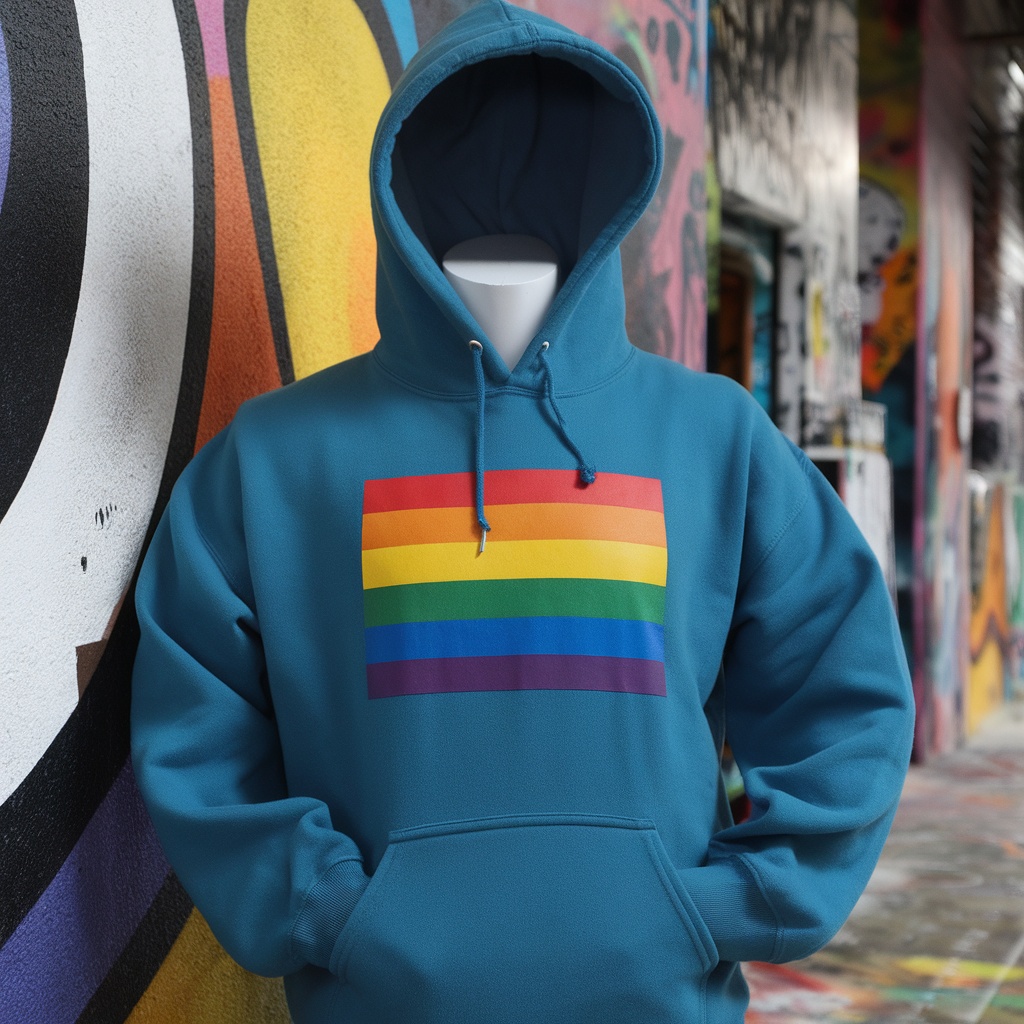 A blue hoodie with a rainbow pride flag design