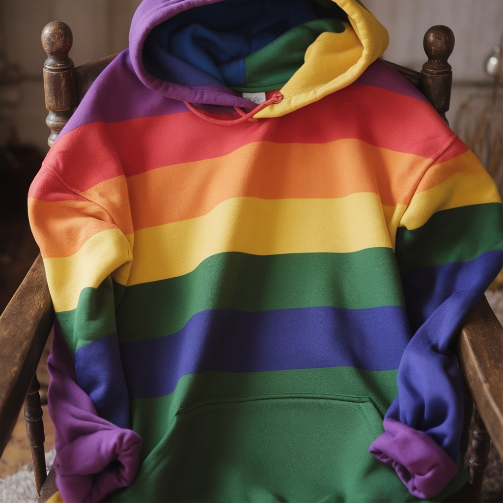 A colorful pride flag hoodie featuring rainbow stripes.