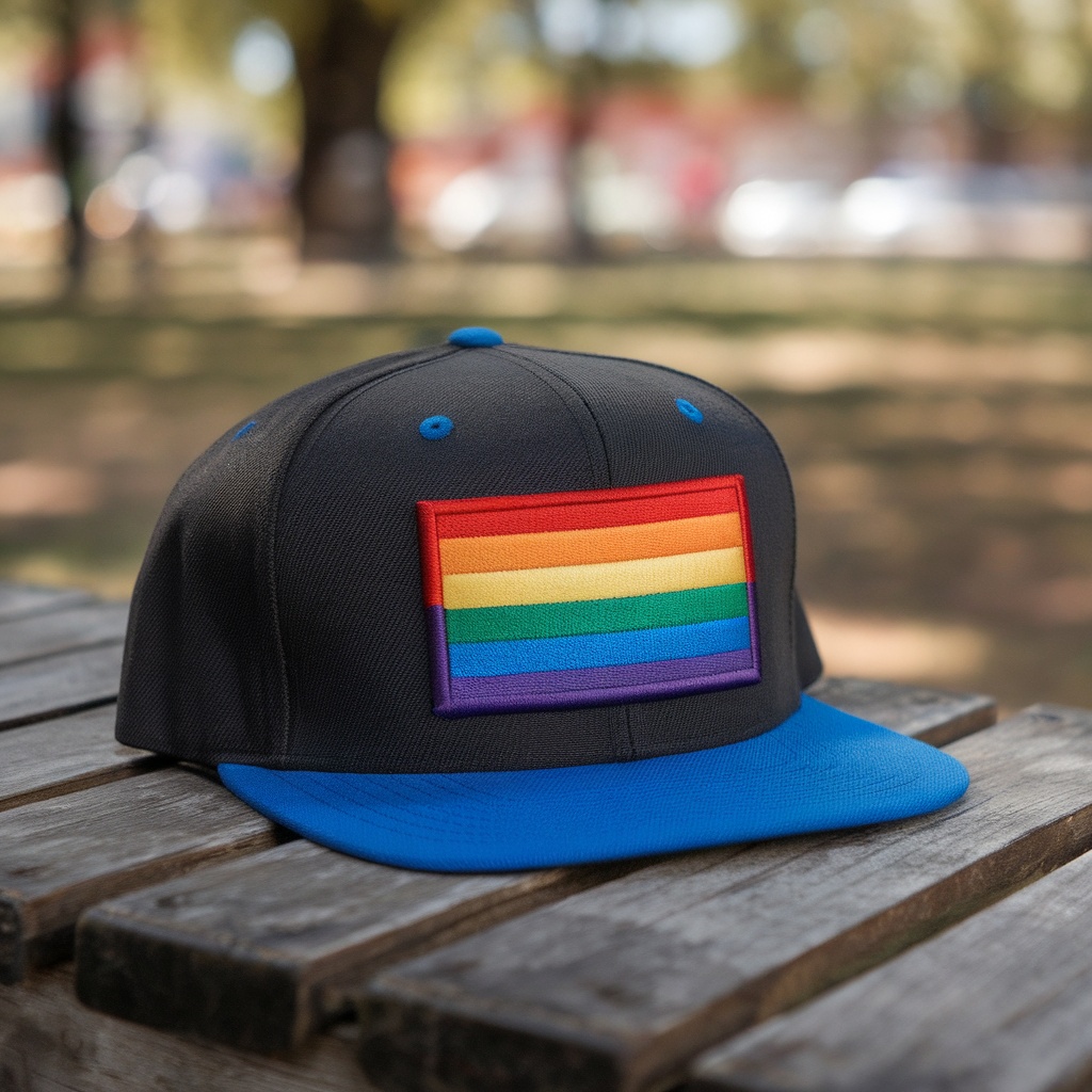 Pride Flag Snapback Hat resting on a wooden table