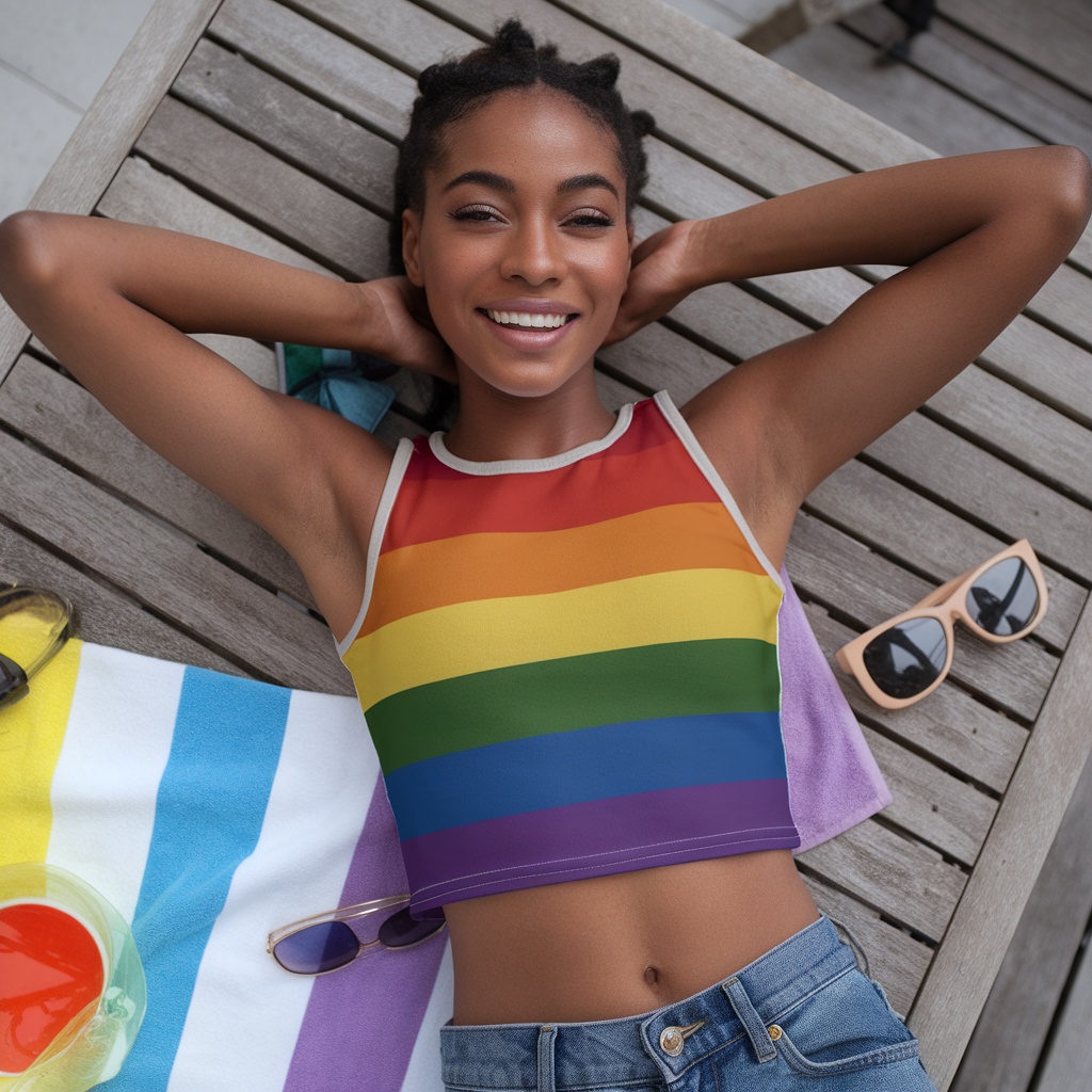 A smiling person wearing a colorful pride flag tank top, lounging on a wooden surface, with sunglasses and a drink nearby.