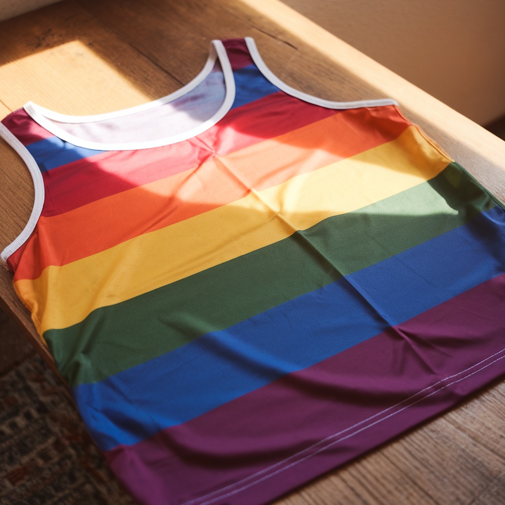 A vibrant pride flag tank top with rainbow stripes laid on a wooden surface