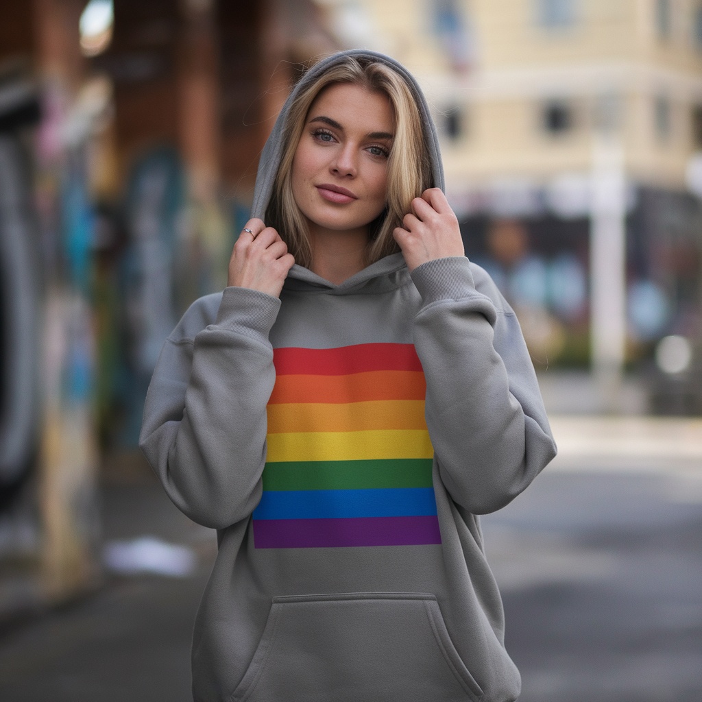 A model wearing a grey hoodie with a rainbow pride design