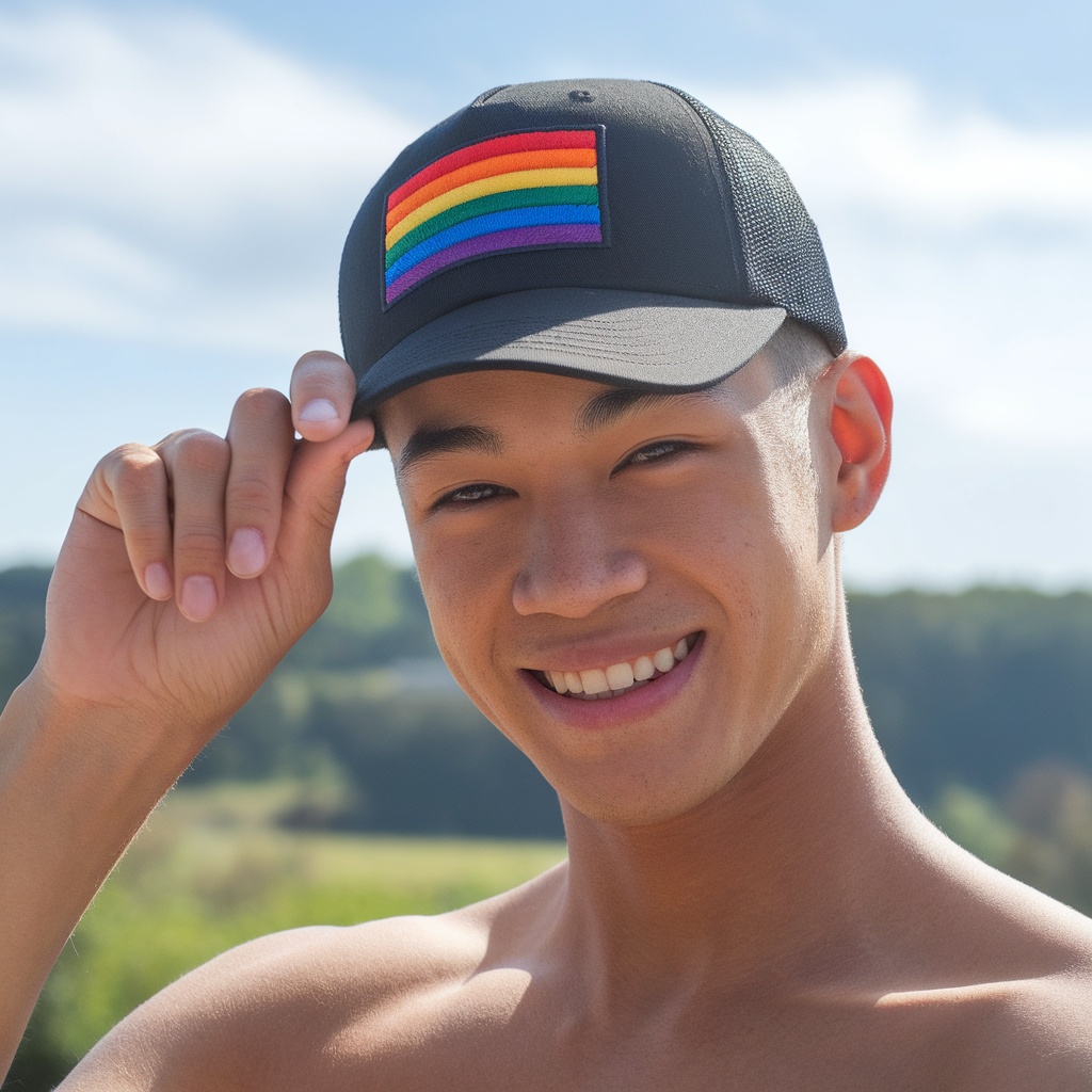 A person smiling while wearing a Pride Rainbow Flag Cap outdoors.