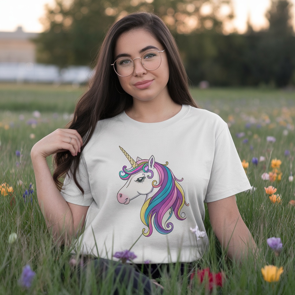A person wearing a Pride Unicorn T-Shirt, surrounded by flowers in a field.
