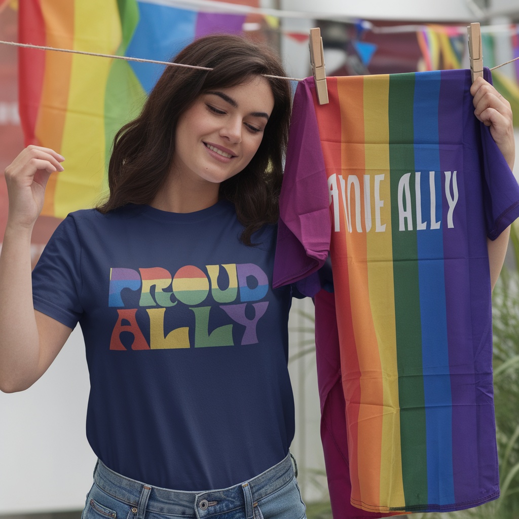 A person wearing a Proud Ally T-Shirt, holding a rainbow pride flag shirt.