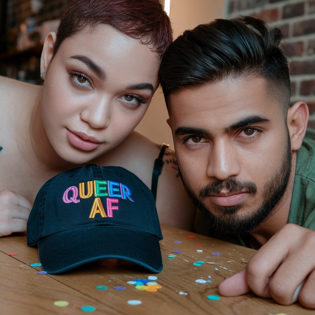 A stylish black baseball cap with 'QUEER AF' embroidered on it, placed on a table surrounded by colorful confetti.