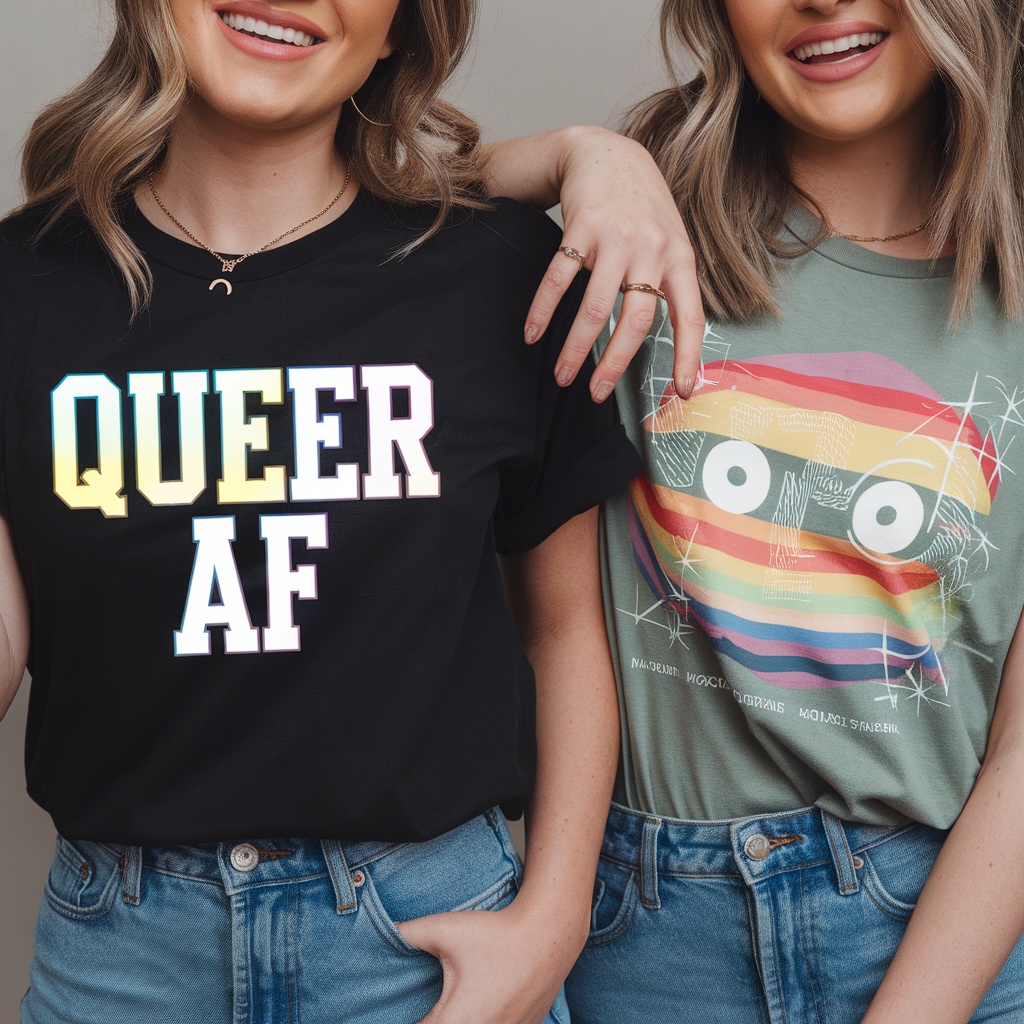 Two young women wearing trendy graphic tees, one in a shirt that says 'QUEER AF' and the other with a colorful design.