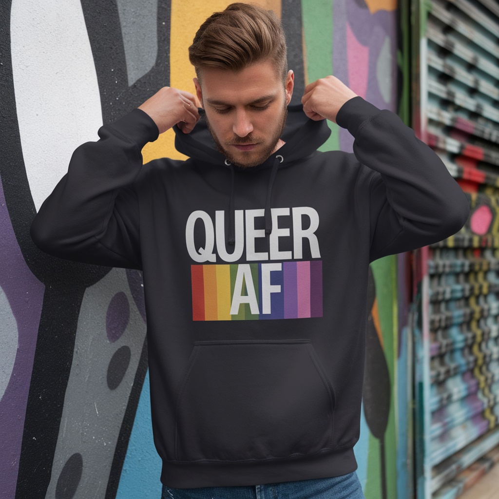 A man wearing a black hoodie with the text 'QUEER AF' in rainbow colors.