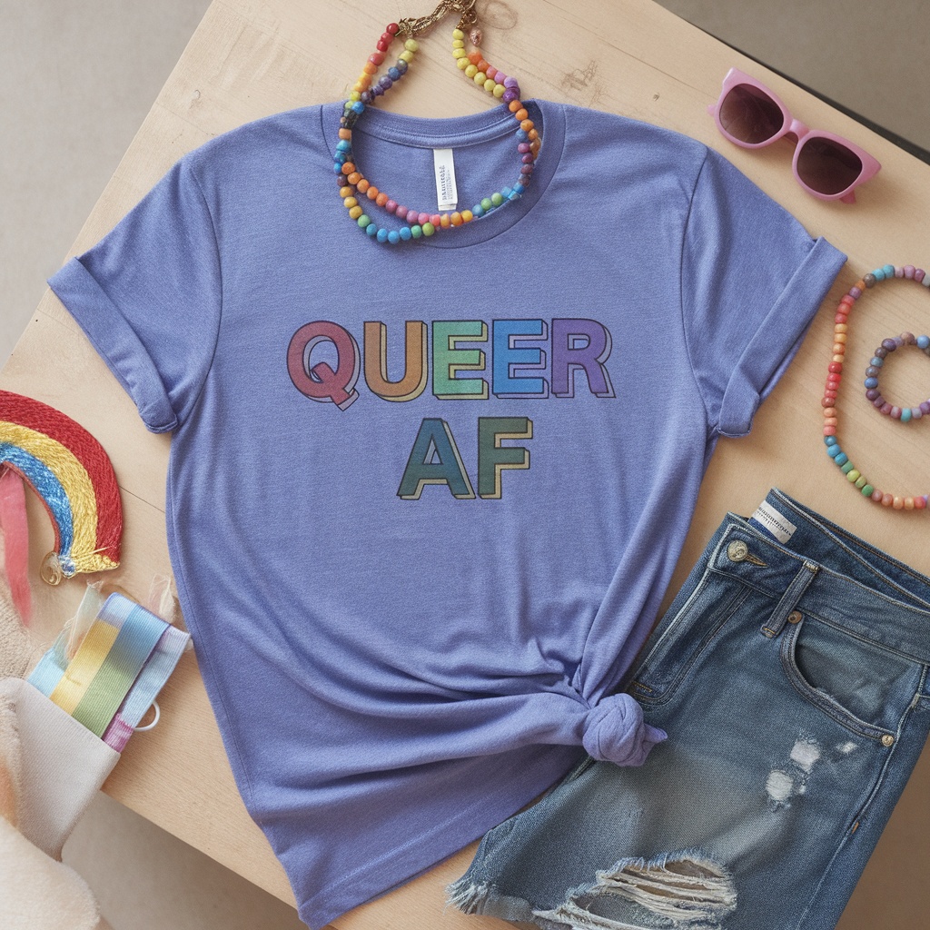 A Queer AF T-shirt styled with accessories and denim shorts.