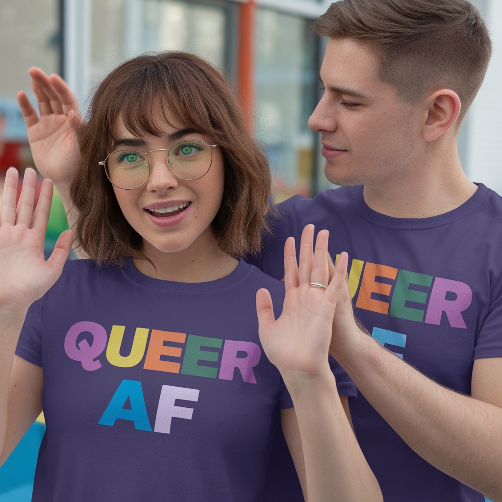 A couple wearing matching Queer AF T-shirts, smiling and waving.