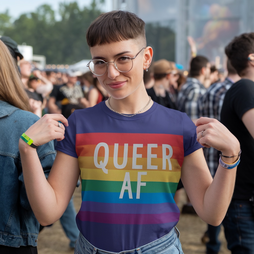 A person wearing a Queer AF T-Shirt at a music festival