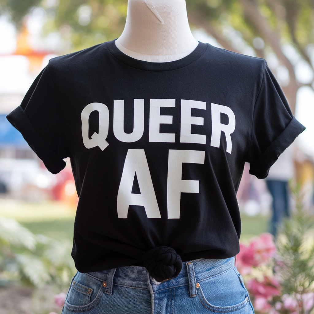 Black t-shirt with the words 'QUEER AF' printed in bold white letters.