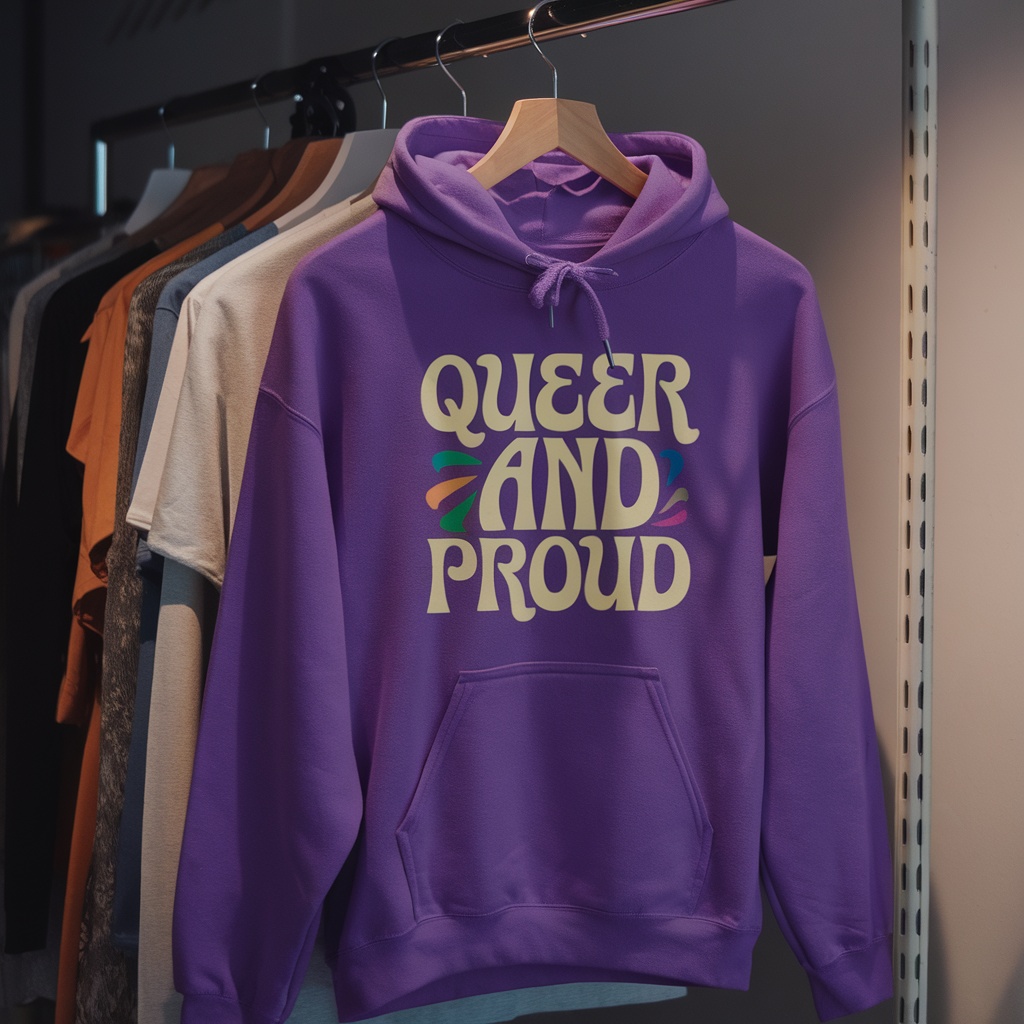 Purple hoodie with 'Queer And Proud' text displayed on a rack