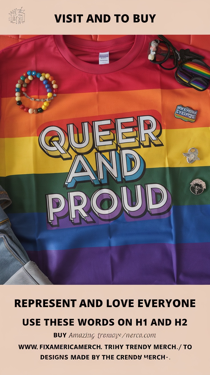Queer and Proud T-Shirt design featuring bold colors and a pride message.