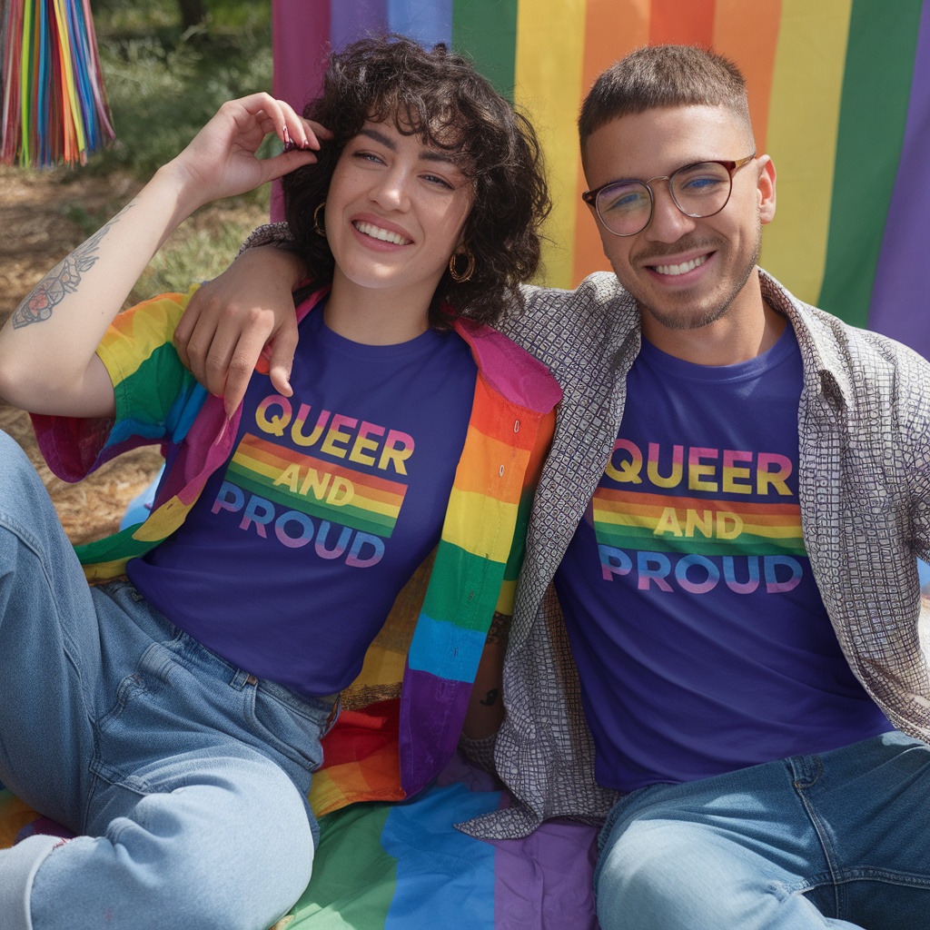 Two people wearing Queer and Proud t-shirts with rainbow colors in the background