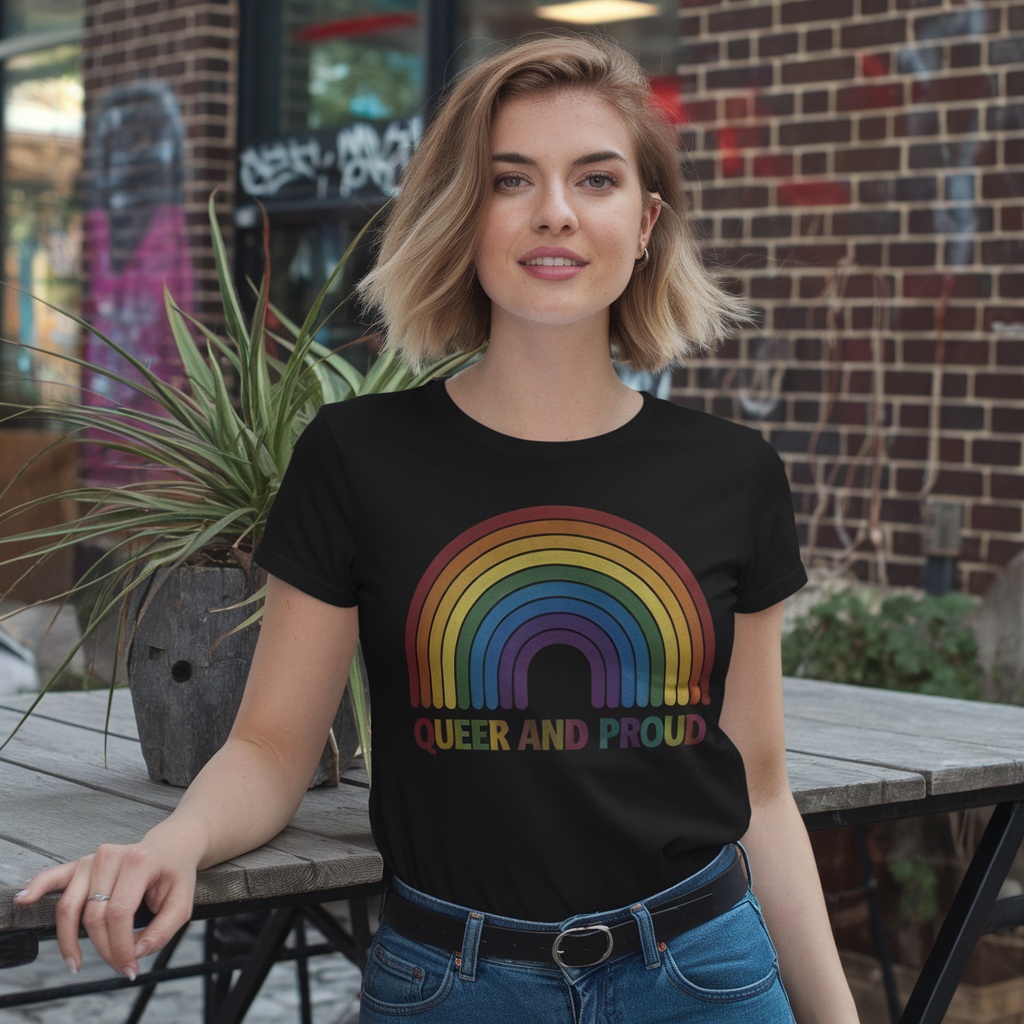 A person wearing a black t-shirt with a rainbow design and the text 'Queer and Proud'.