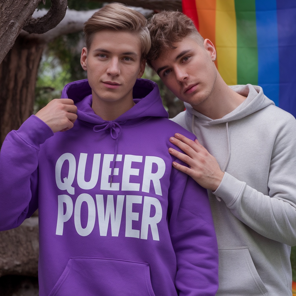 Two young men wearing hoodies in front of a rainbow flag, one wearing a purple hoodie that says 'QUEER POWER'