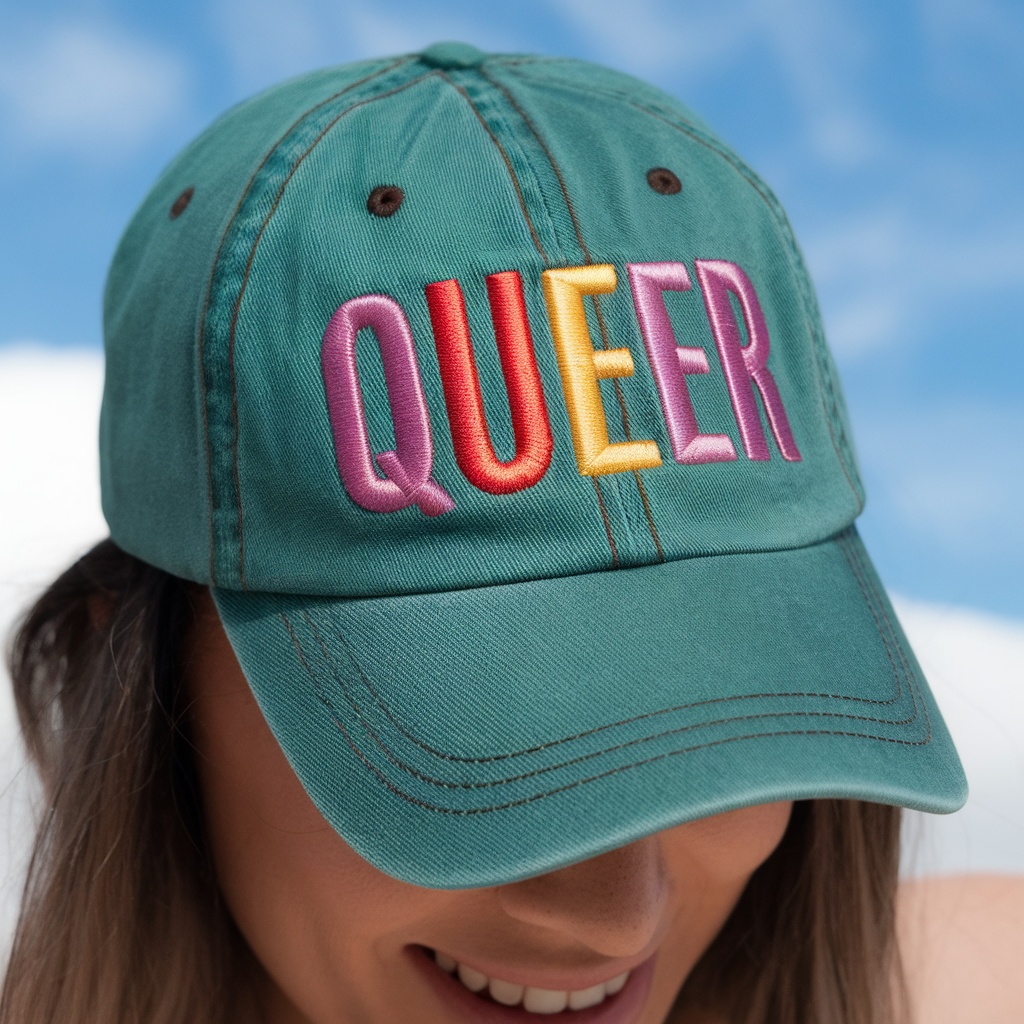 A person wearing a teal baseball cap with the word 'QUEER' embroidered in colorful letters