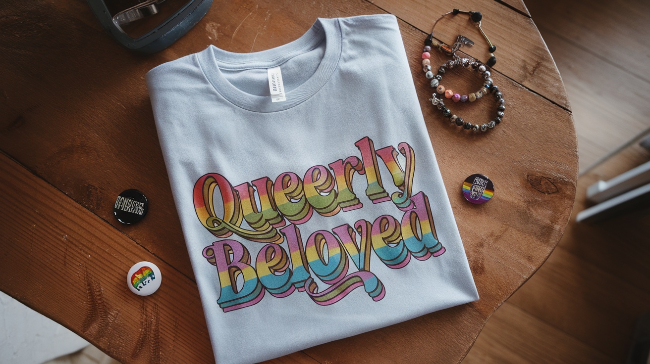 Queerly Beloved T-shirt displayed on a table with pride accessories