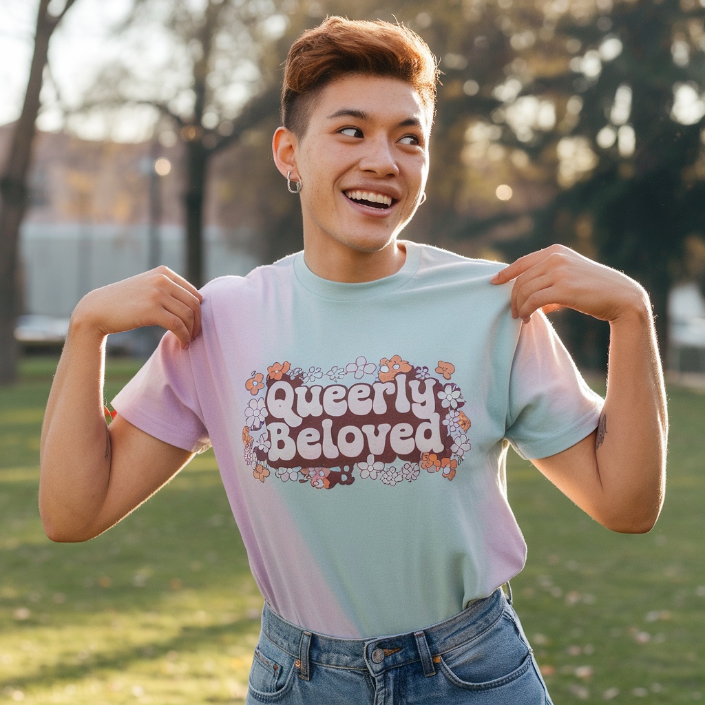 Person wearing a 'Queerly Beloved' t-shirt outdoors, smiling and showcasing the design.