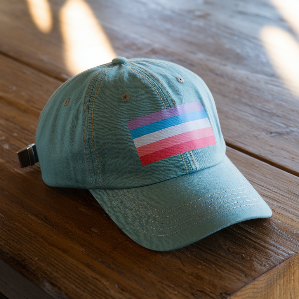 A Trans Pride Flag Cap resting on a wooden surface.