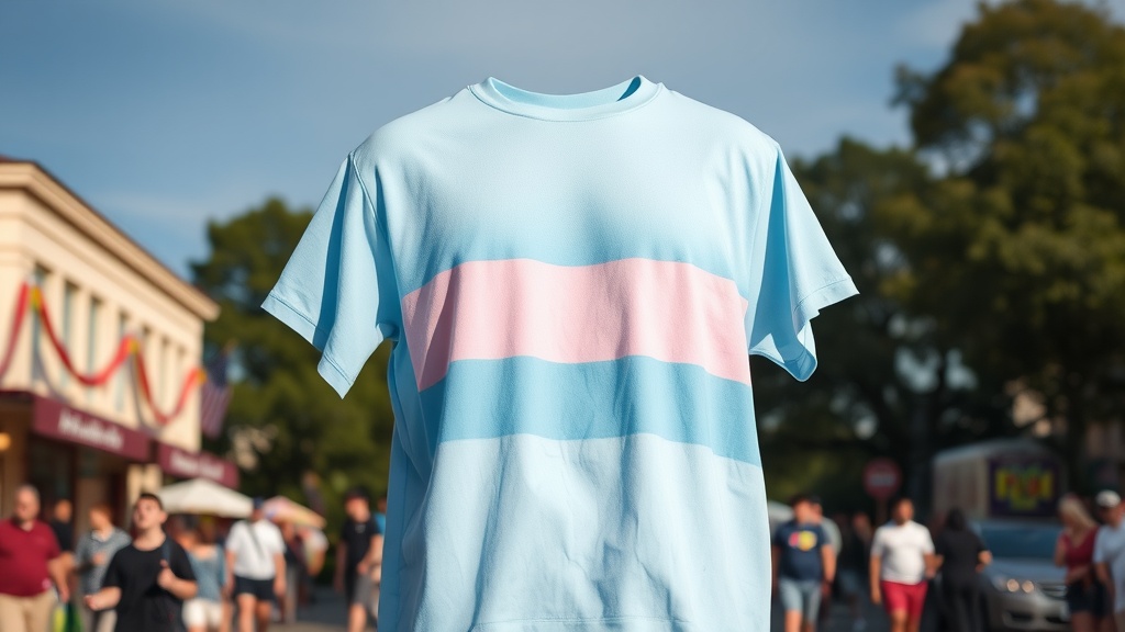 A Trans Pride Flag T-shirt displayed in a lively outdoor setting.