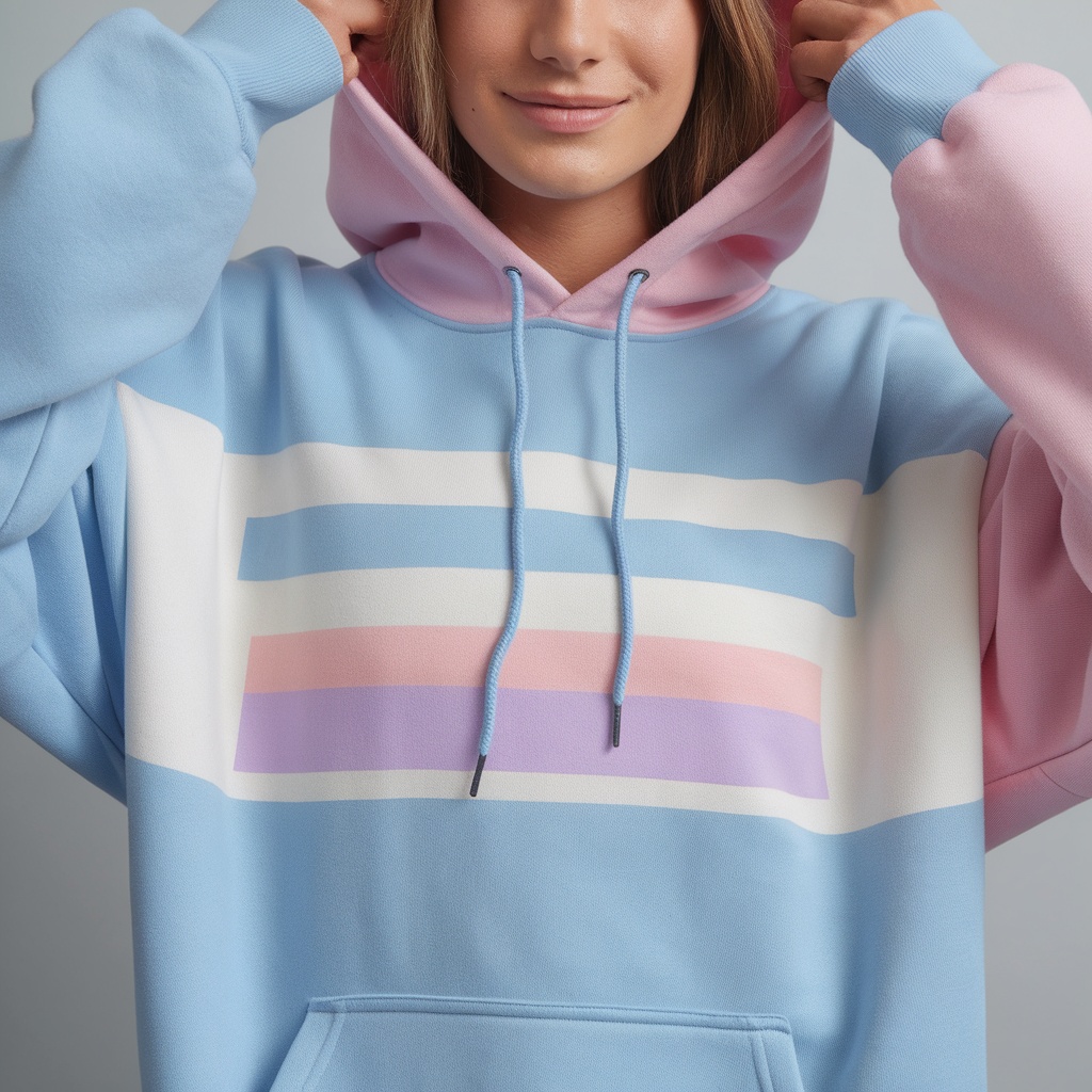 A model wearing a blue and pink Trans Pride Hoodie with colorful stripes.