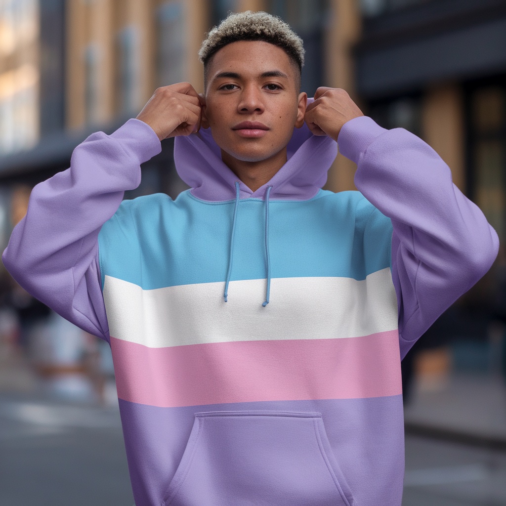 A person wearing a colorful Trans Pride hoodie with blue, white, pink, and purple stripes.