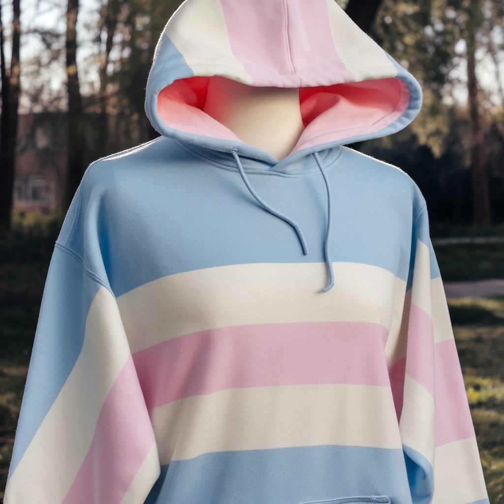 A Trans Pride Hoodie featuring pastel blue and pink stripes.