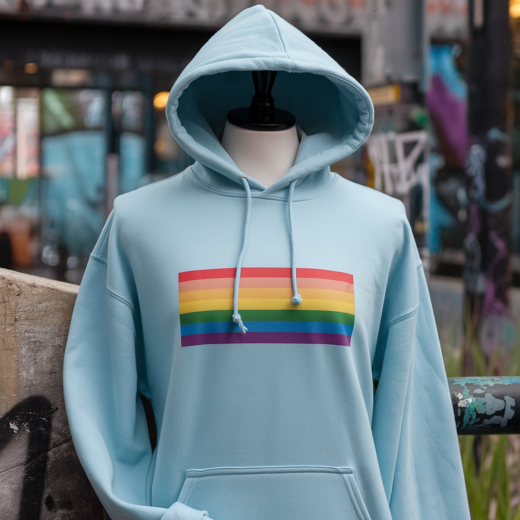 Light blue hoodie with a rainbow pride flag design