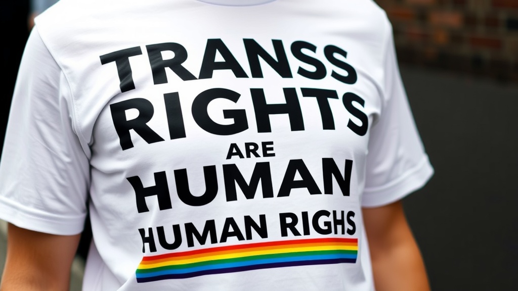 A person wearing a t-shirt that says 'Trans Rights Are Human Rights' with a rainbow stripe.
