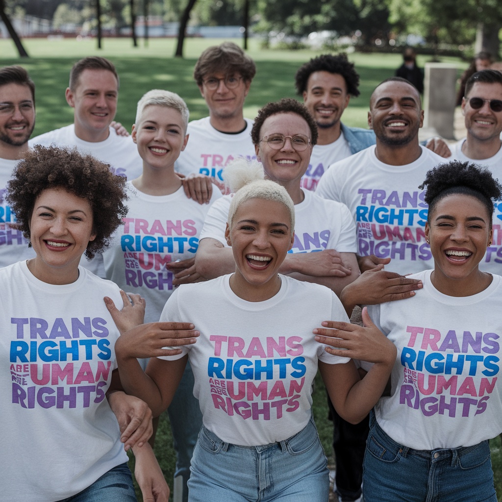 Group of diverse individuals wearing 'Trans Rights Are Human Rights' t-shirts, smiling and posing together outdoors.