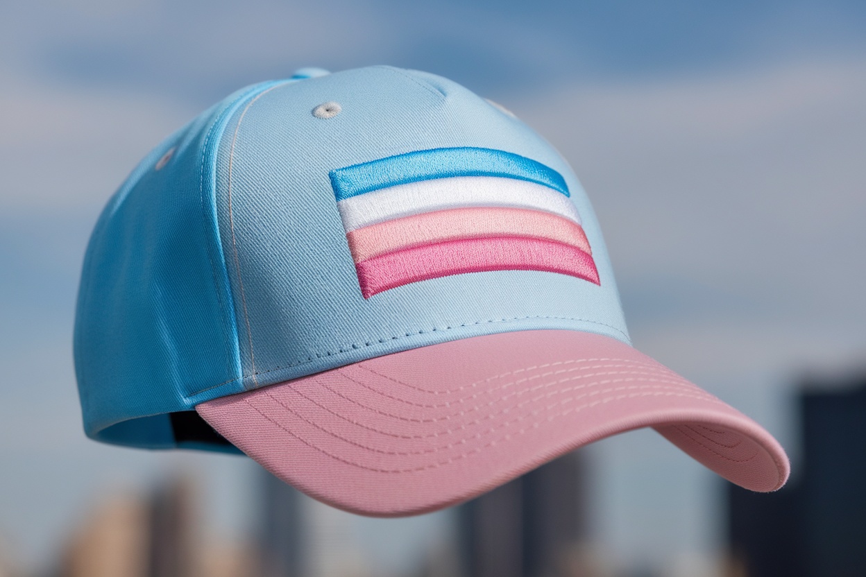 A young person wearing a transgender pride flag cap, smiling outdoors.