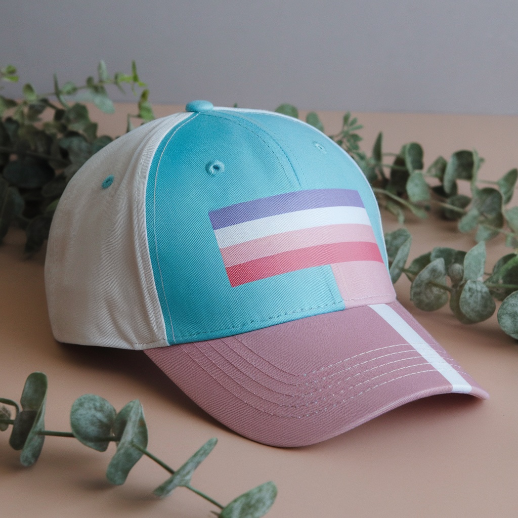 A cap featuring the transgender pride flag colors.